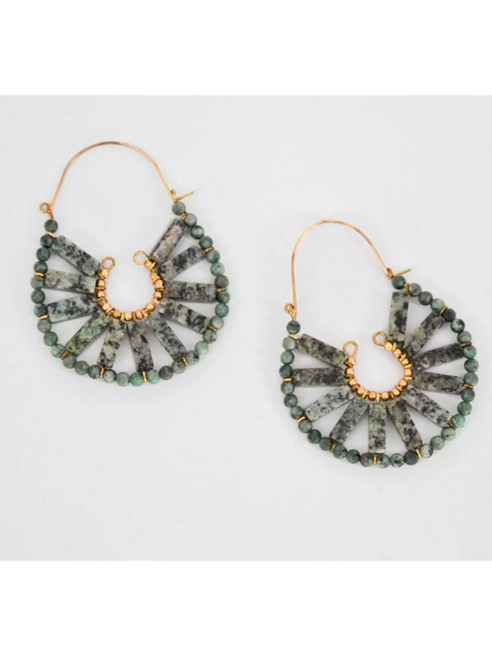 Anthropologie Green Stone Hoop Earrings Gold Toned